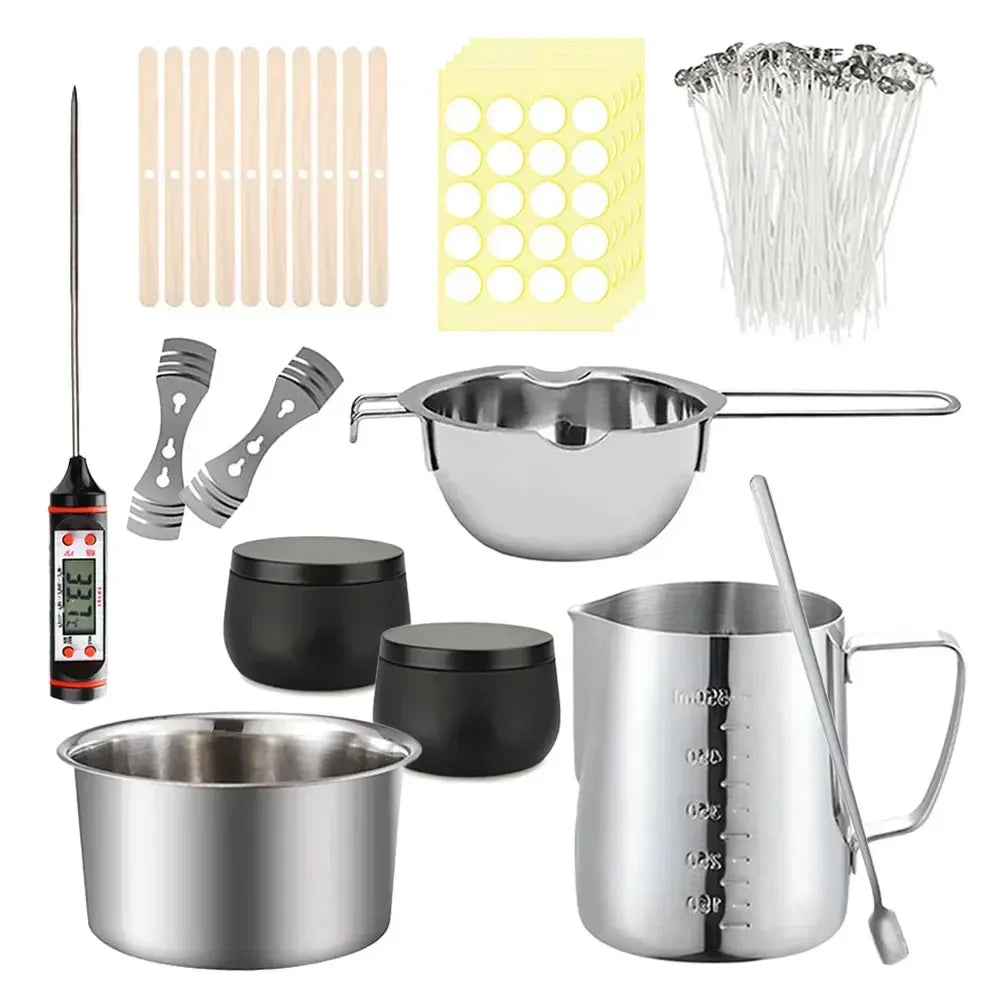 fabrication bougies parfumées kit thermomètre cire mèches copeaux herbes colorant motifs floraux moderne