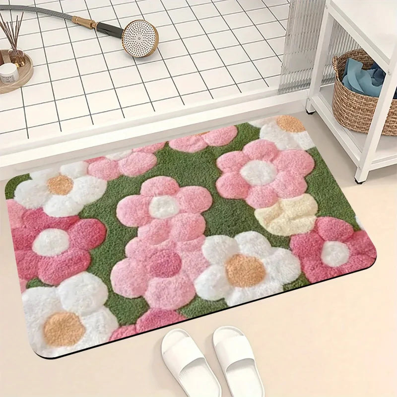 tapis fleurs relief moderne vert rose blanc salle bain entrée non glissant machine lavable