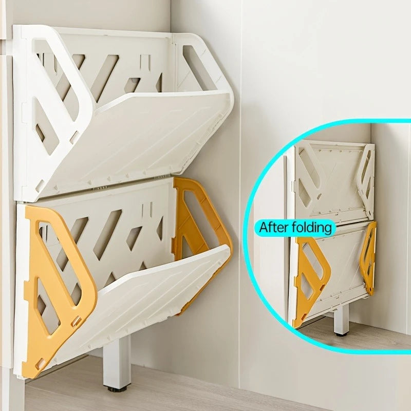 étagère pliable murale rangement chaussures moderne blanc jaune structure géométrique fixations poignées