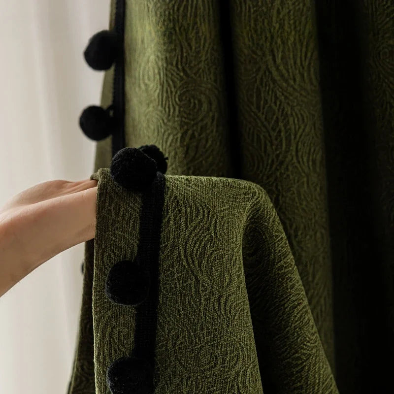 rideau vert olive moderne motifs floraux opaques polyester eyelets pompons