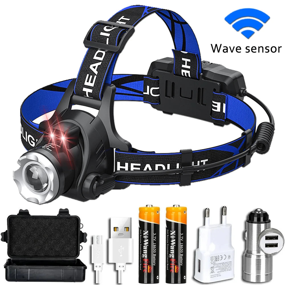 lampe frontale led rechargeable usb noir bleu rayures ajustable ceinture modes luminosité ipx4 water