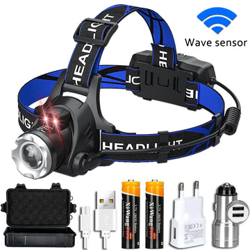 lampe frontale led rechargeable usb noir bleu rayures ajustable ceinture modes luminosité ipx4 water