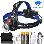 lampe frontale led rechargeable usb noir bleu rayures ajustable ceinture modes luminosité ipx4 water