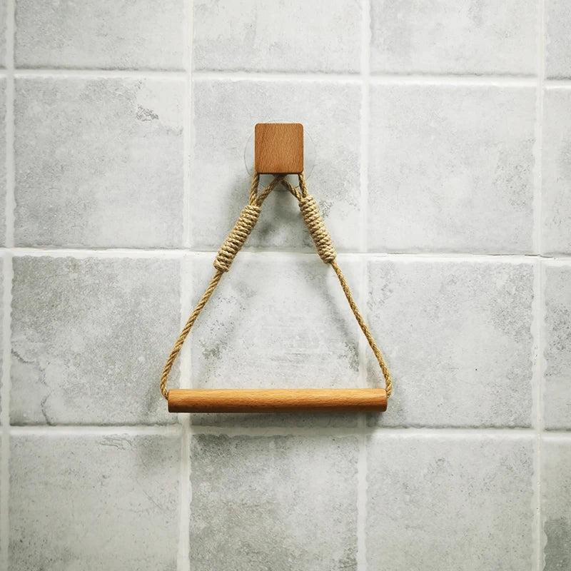 porte serviette bois corde naturelle ventouse serviette blanche motif rustique boho salle bains decoration