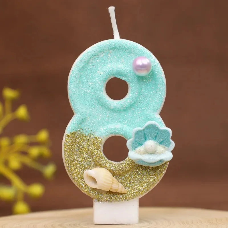 bougies numériques forme chiffres glitter thème marin anniversaire turquoise doré blanc coquillages clips