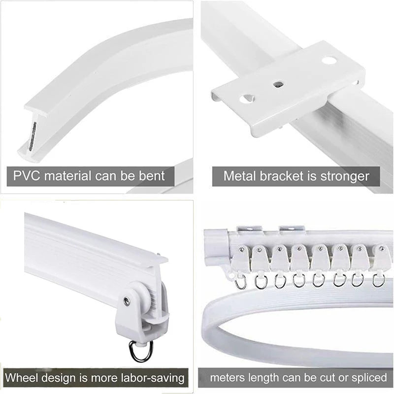 rails rideaux courbés pvc blanc flexible accessoires anneaux boucles poulies supports minimaliste