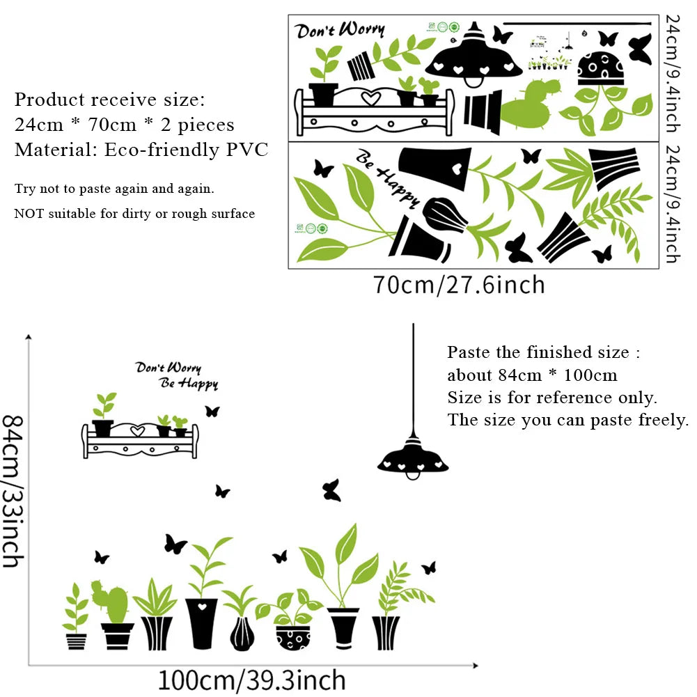 Stickers muraux plantes pots papillons étagère cœur Don't Worry Be Happy adhésifs résistants eau