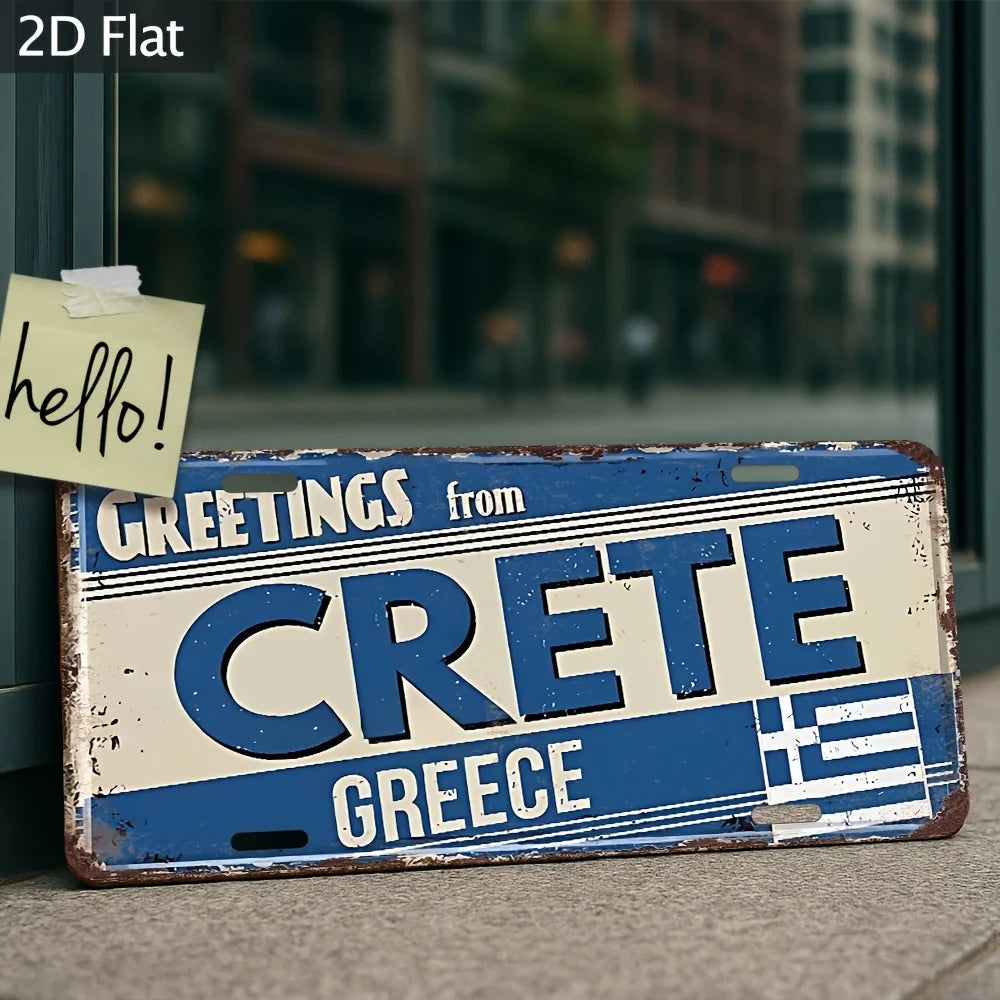 plaque décorative aluminium bleu blanc vintage drapeau grec crete lettres horizontales effet vieilli 30x15cm