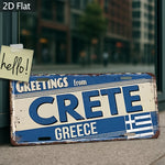 plaque décorative aluminium bleu blanc vintage drapeau grec crete lettres horizontales effet vieilli 30x15cm