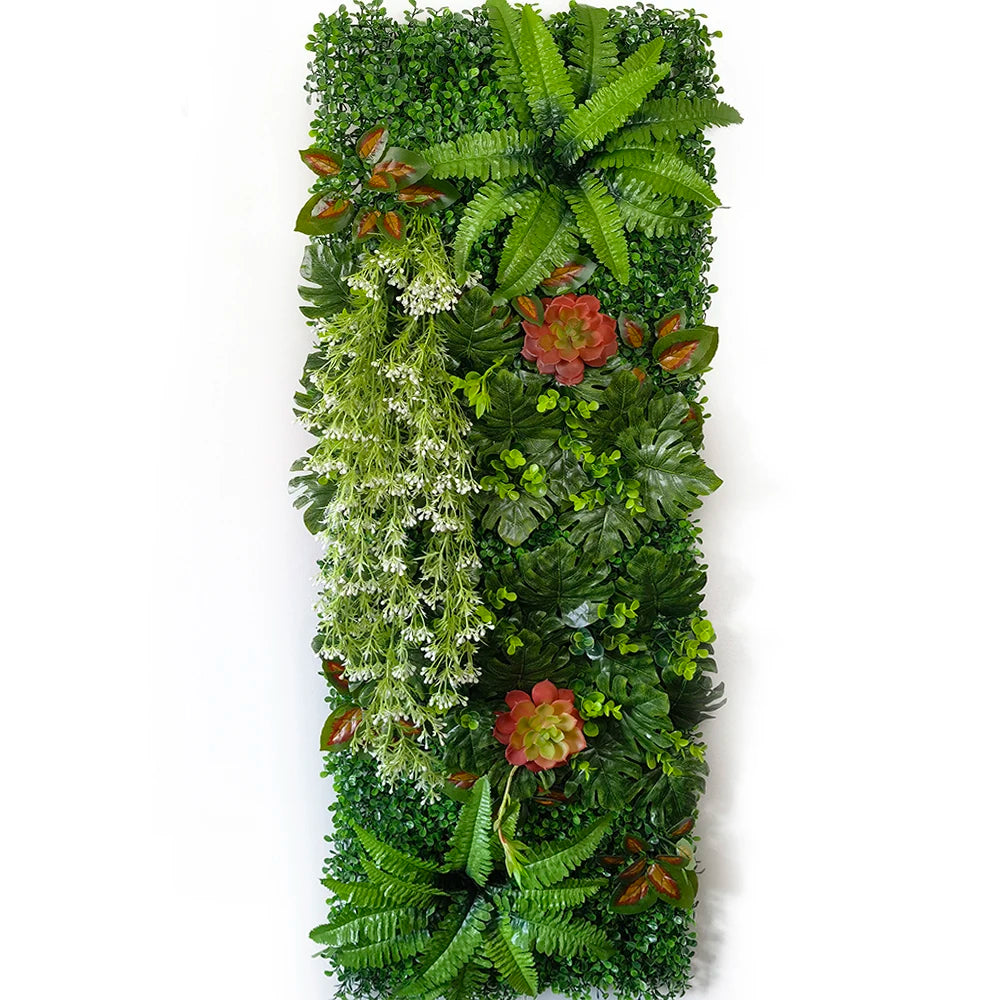 panneau mural végétal artificiel extérieur accrochable herbe feuilles fleurs blanches roses vert marron blanc