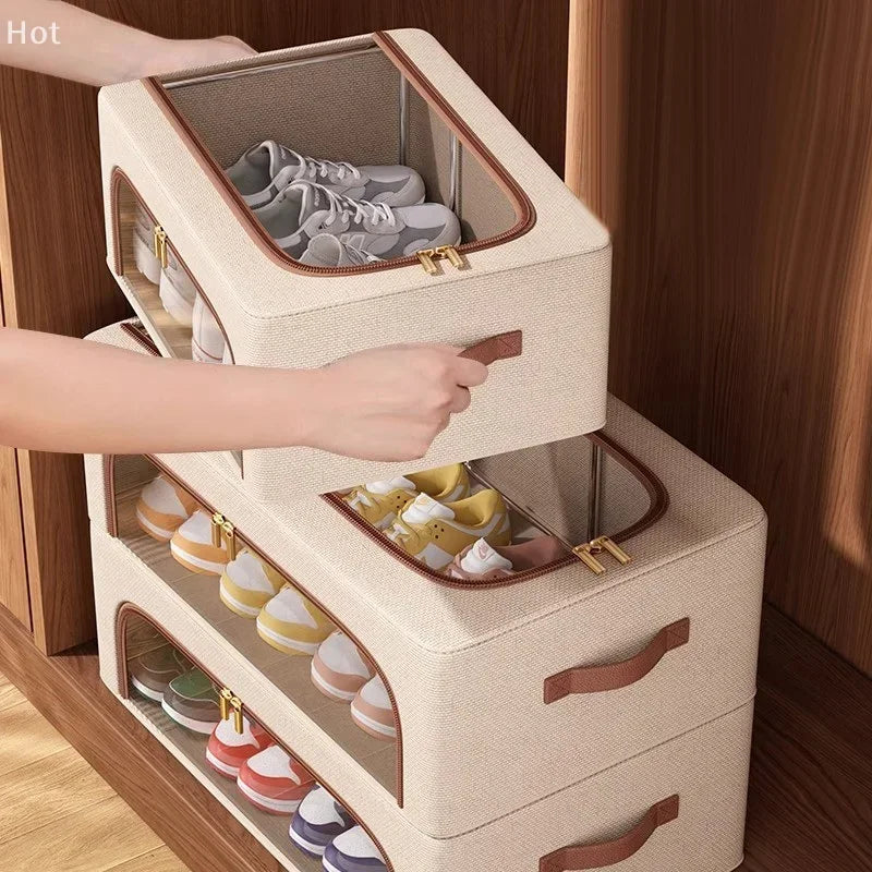 boîte rangement pliable chaussures tissu lin moderne poignées robustes transparente conteneur storage