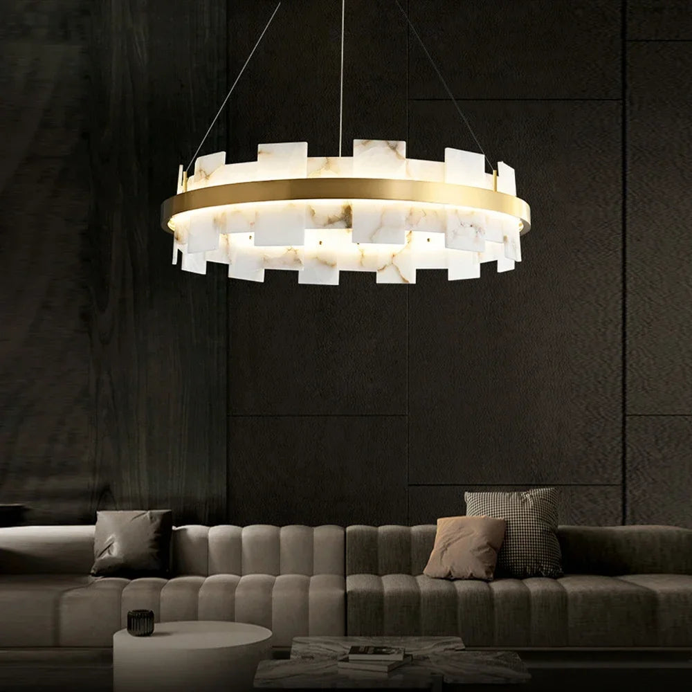 suspension lumineuse moderne blanche dorée veines carrées cuivre salon restaurant
