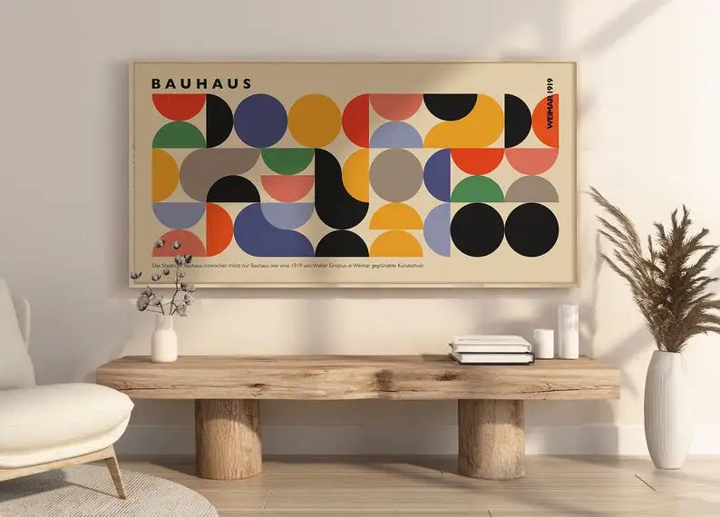 affiche moderne géométrique cercles couleurs abstraite toile sans cadre beige noir vert bleu orange