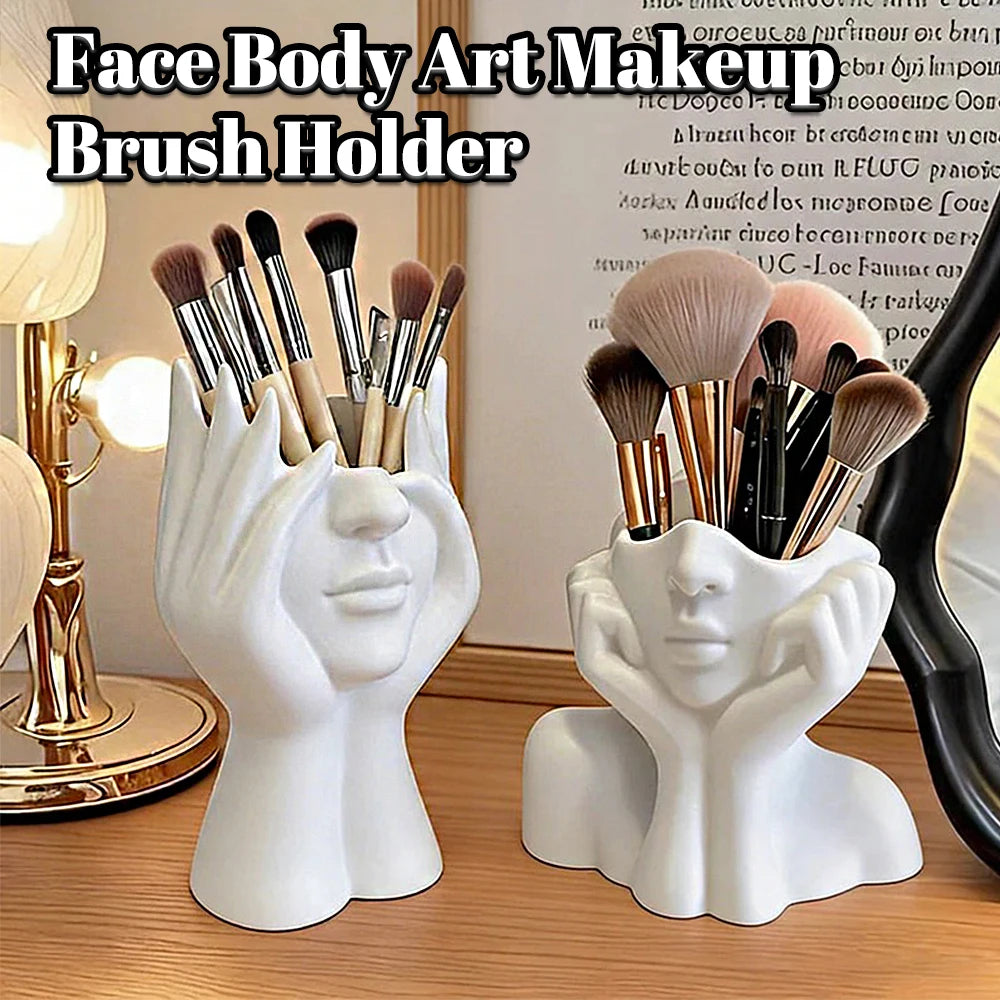 support pinceaux maquillage blanc sculpté visage moderne rangement cosmétiques vase décoratif