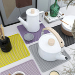 tapis protection moderne cuisine jaune violet gris grille hexagonale opaque