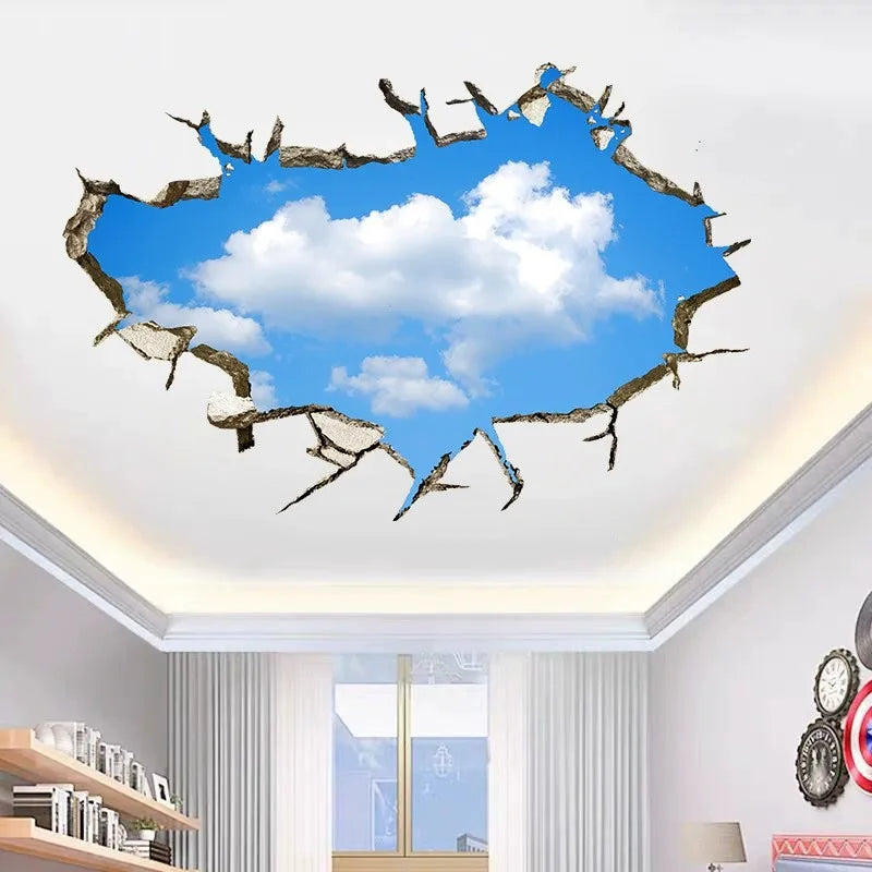 sticker mural 3d ciel bleu nuages étoiles béton fissuré adhésif chambre toit