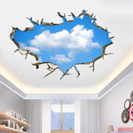 sticker mural 3d ciel bleu nuages étoiles béton fissuré adhésif chambre toit