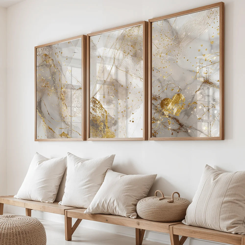 tableaux abstraits dorés décoration murale moderne sans cadre trois pièces chambre salon