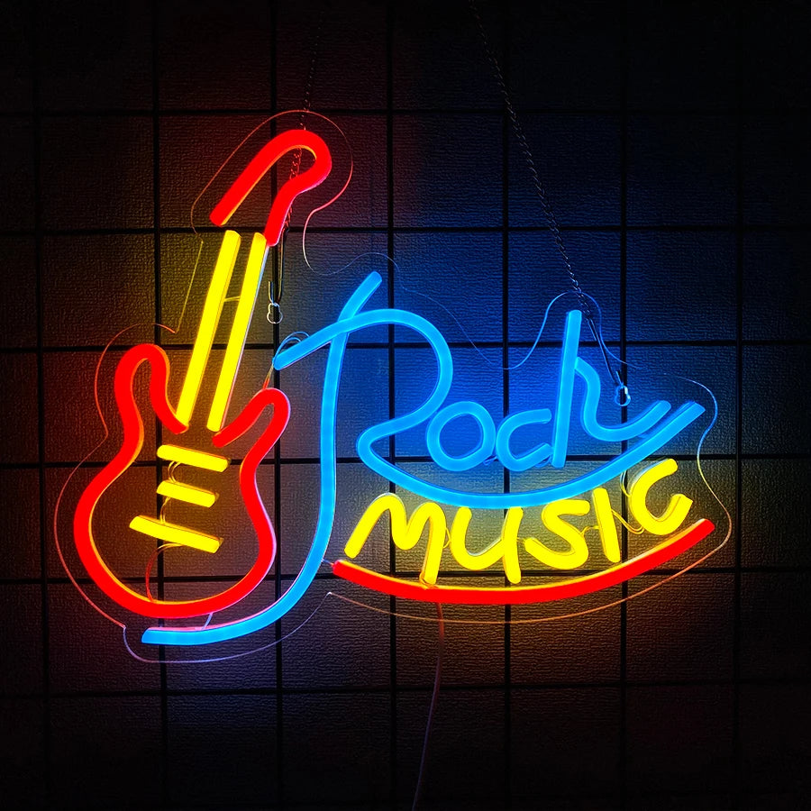néon lumineux guitare rock roll live music couleur rouge bleu jaune blanc fixations