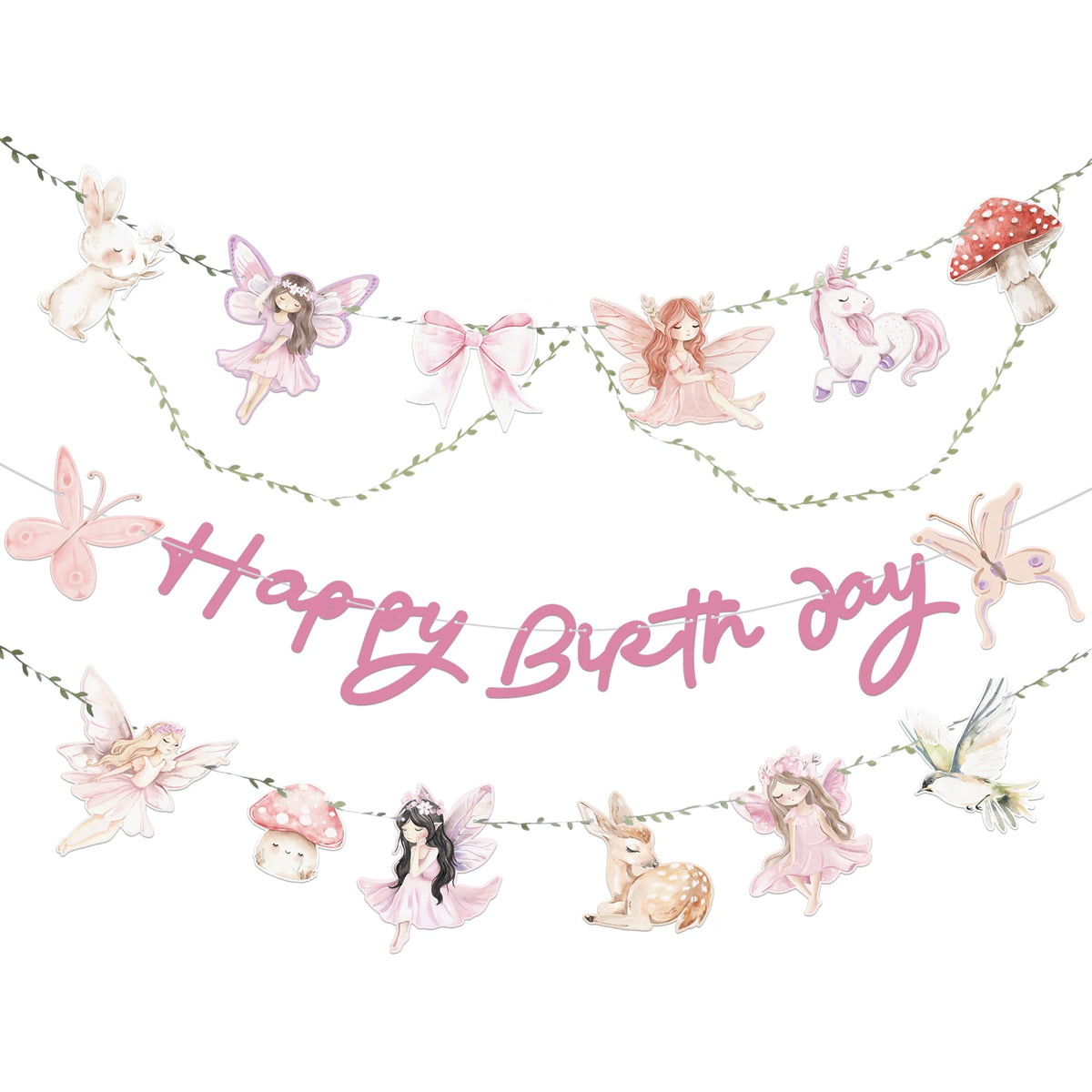 guirlande happy birthday fées lapin papillons arc licorne aquarelle enfantine féerique pastel
