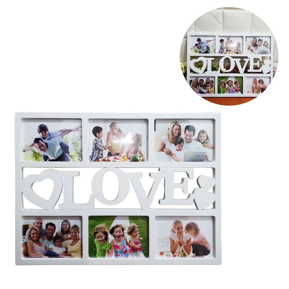 cadre photo moderne blanc noir slots découpes LOVE cœur photos fixations dos