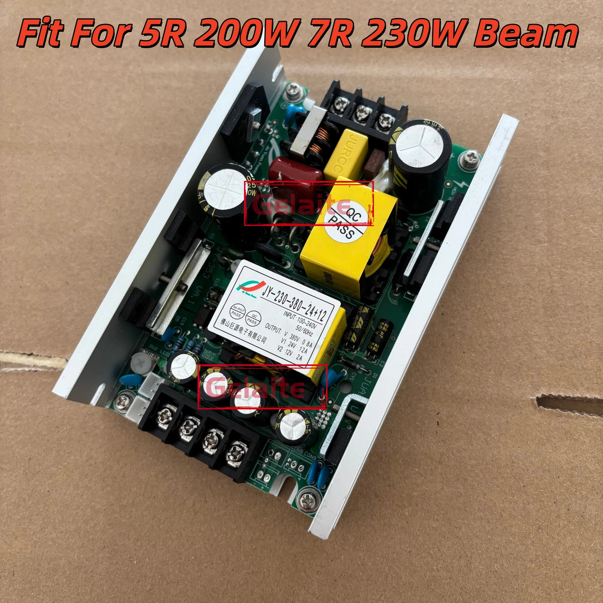 transformateurs alimentation projecteurs scène lampes faisceau mobiles circuits imprimés condensateurs bobines orangers grisés jaunes