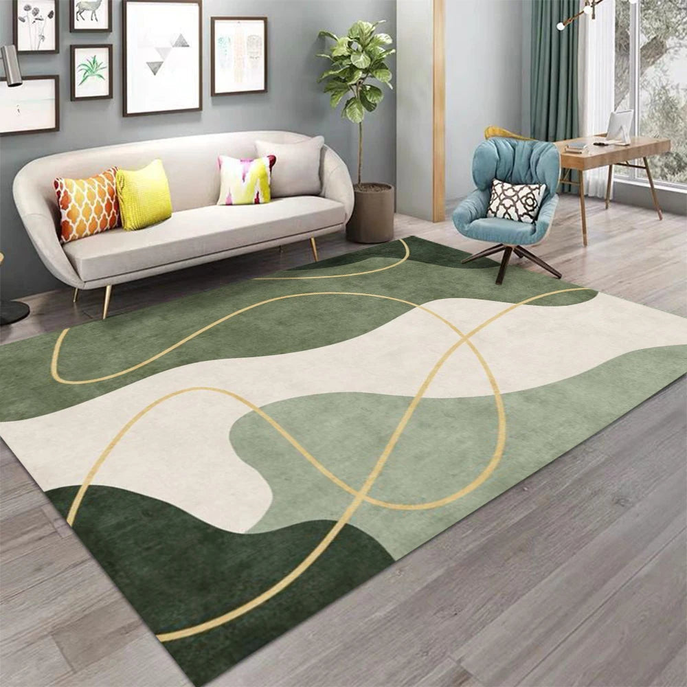 tapis moderne salon chambre motif géométrique abstrait décoratif intérieur maison vert beige marron bleu