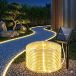 ruban lumineux solaire blanc chaud moderne extérieur imperméable 18+ led 7m 12m 22m piquets