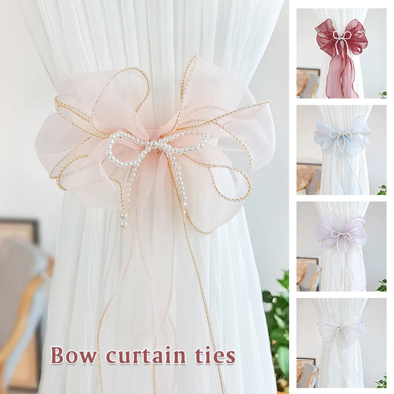 rideau fenêtre transparent rubans décoratifs nœuds dorées élégants maison vintageclair rose blanc