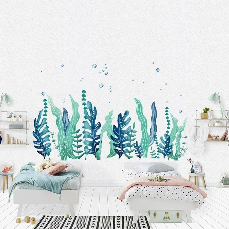 sticker mural moderne plantes aquatiques bleu vert chambre salon décoration murale autoadhésif