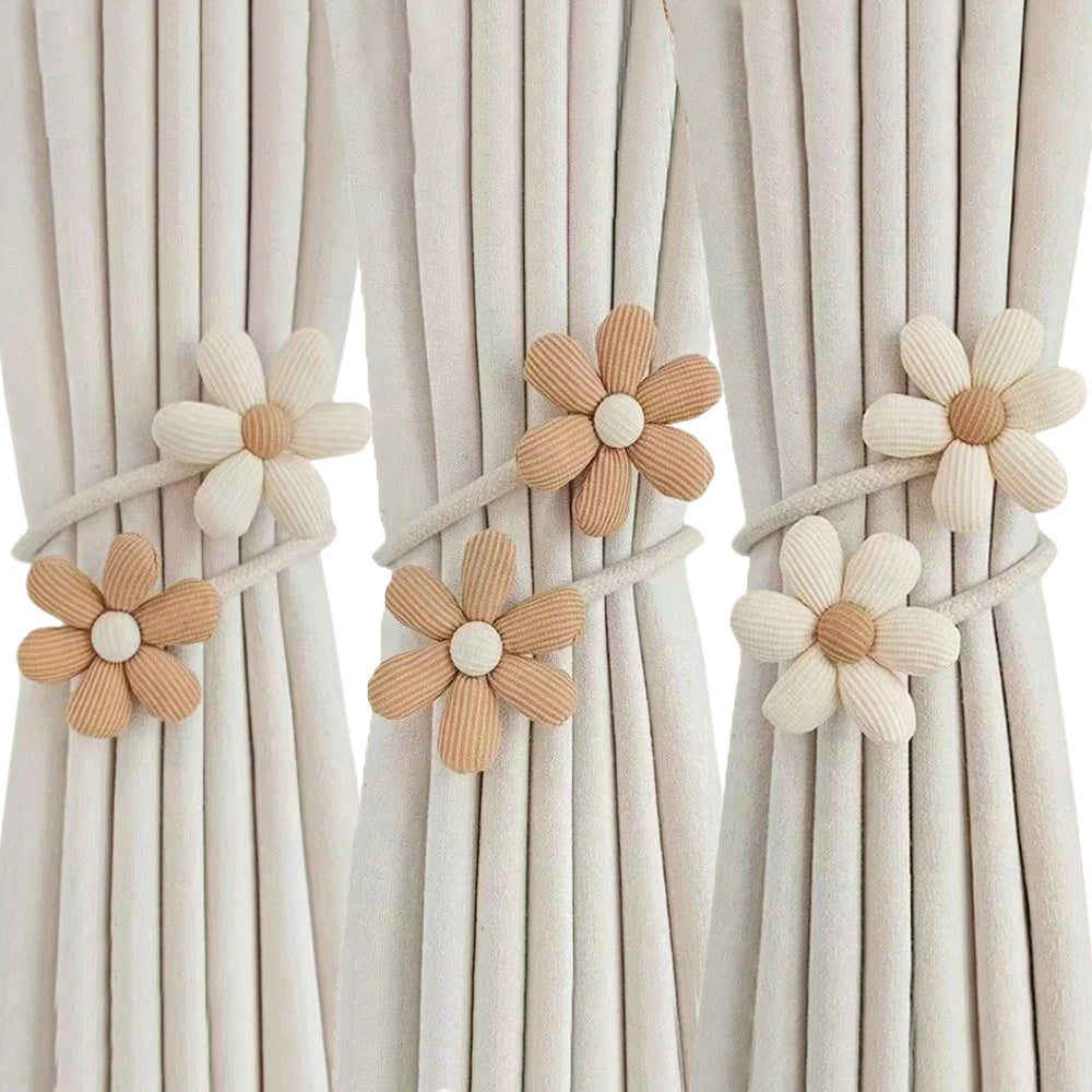 accessoires rideau fleurs texturées attaches ficelles bohème decor maison anneaux boucles tressées rustique