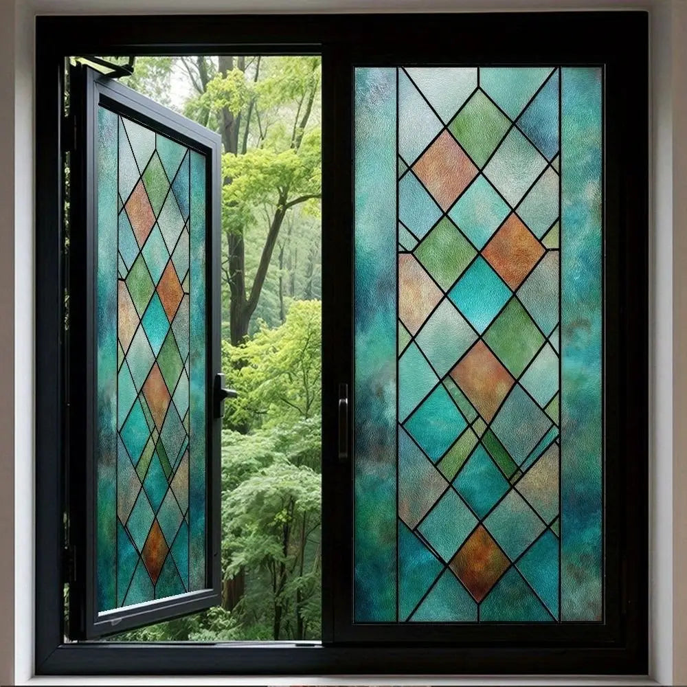 film vitrail adhésif art déco motifs floraux géométriques couleurs vives opaques fenêtre