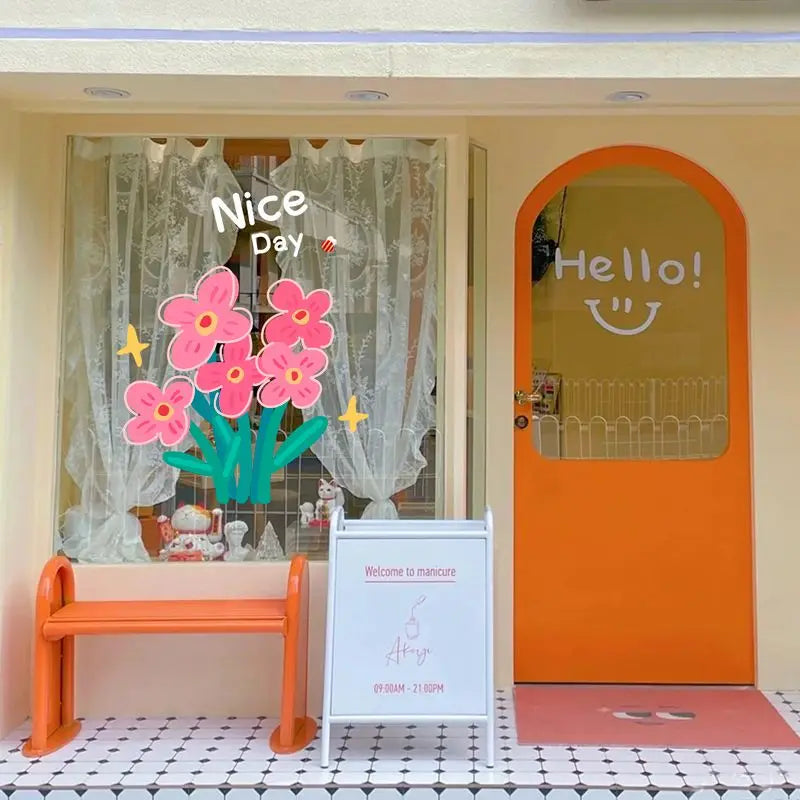 autocollants fleurs stylisées nice day moderne diy pvc adhésif rose vert blanc jaune gris