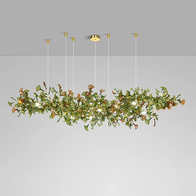 suspension lumineuse moderne feuilles vertes blanches dorées naturelle chambre salon decoration