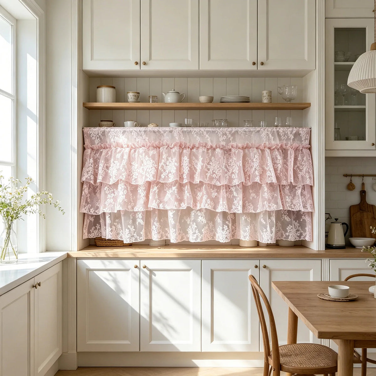 rideau rose floral dentelle volants court shabby chic cottagecore romantique translucide chambre