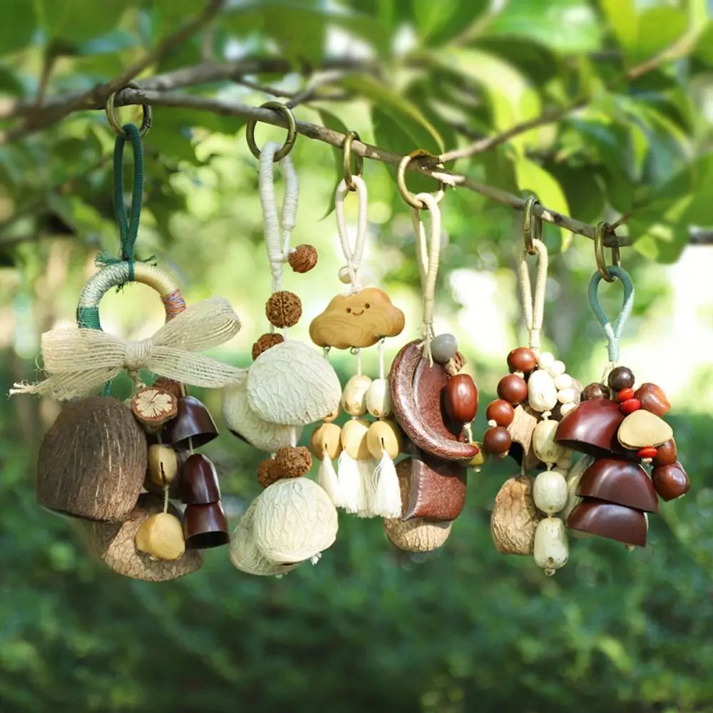 porte clés boho coquilles noix bois marron naturel ornement décoration clés anneaux métal