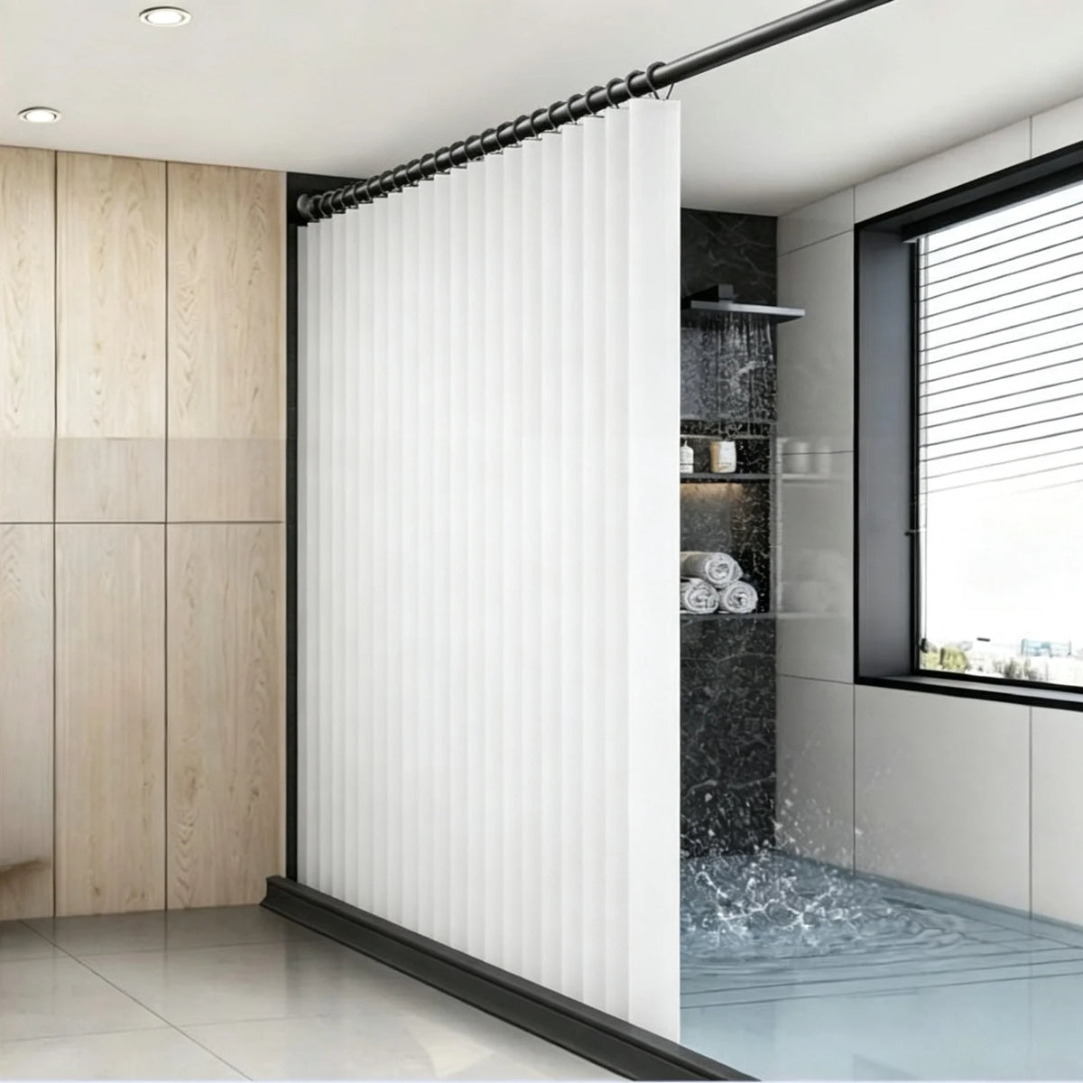 rideau douche moderne blanc noir texturé rayures verticales opacité chambre bain respectueux environnement