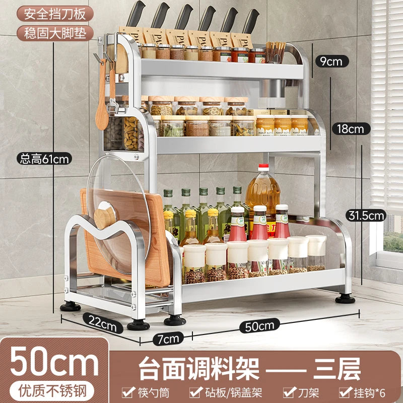 étagère cuisine métal argenté support couteaux bocaux épices rangement comptoir