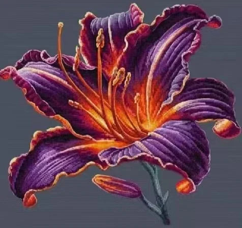 kits broderie fleur lys motifs floraux violet orange vert blanc artisanale toiles aiguille fil