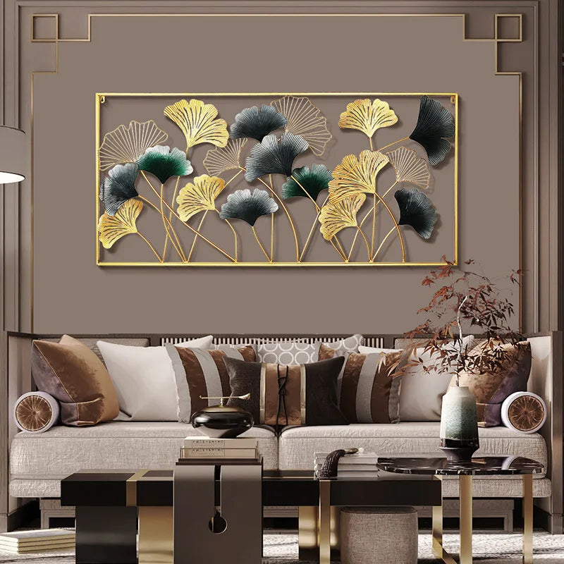 décoration murale métal feuilles ginkgo or noir moderne élégante art asiatique fixations chambre coucher
