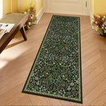 tapis runner floral vert foncé motifs végétaux décoratif moderne antidérapant polypropylène polyester