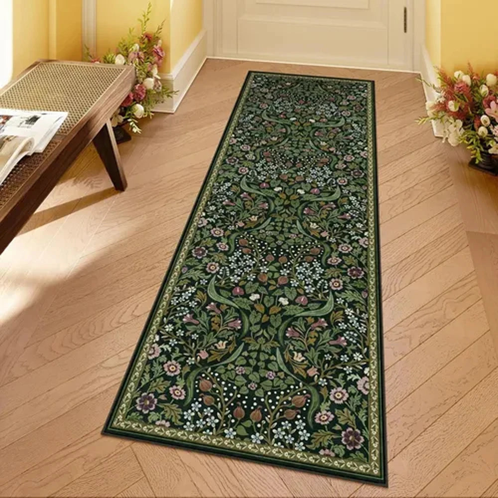 tapis runner floral vert foncé motifs végétaux décoratif moderne antidérapant polypropylène polyester
