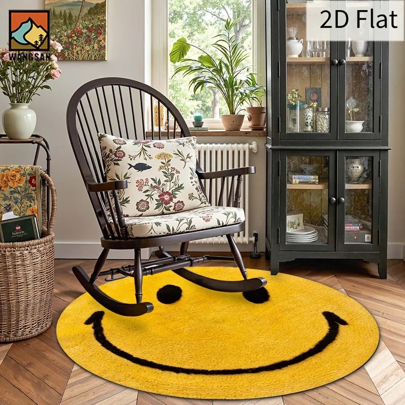 tapis rond visage souriant jaune noir décoration intérieur enfant antidérapant polyester PVC