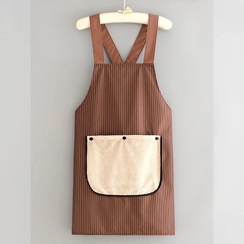 tablier cuisine imperméable anti salissure marron bleu marine noir rayures blanches poche amovible fixations