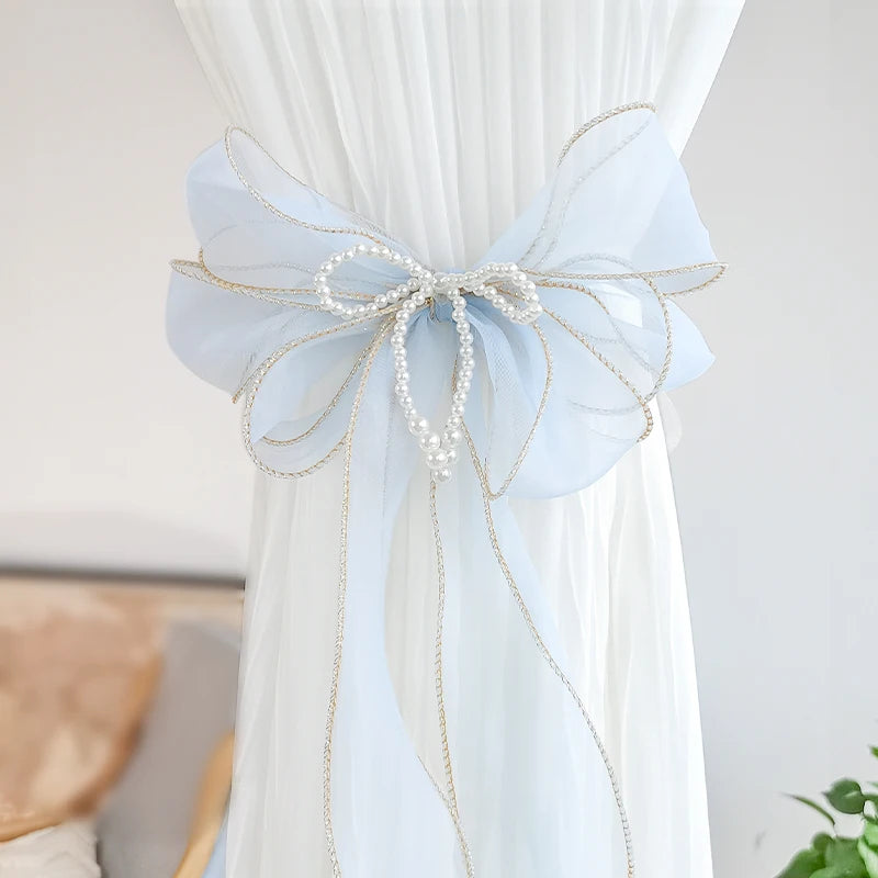 rideau fenêtre transparent rubans décoratifs nœuds dorées élégants maison vintageclair rose blanc