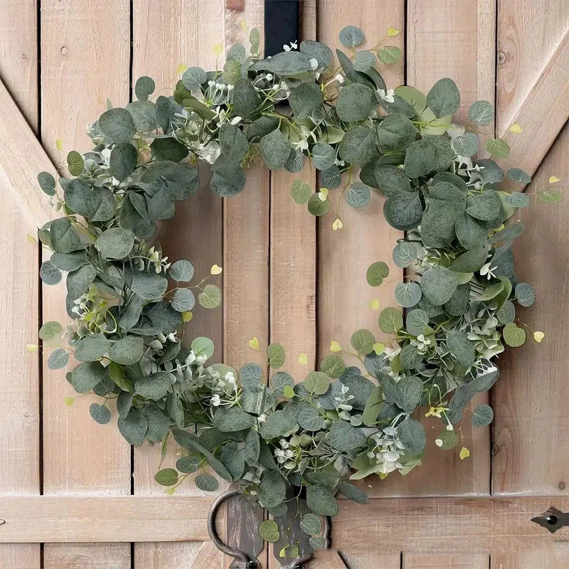 guirlande feuilles eucalyptus vertes fleurs blanches decoration exterieur naturelle rustique 180cm impermeable reutilisable