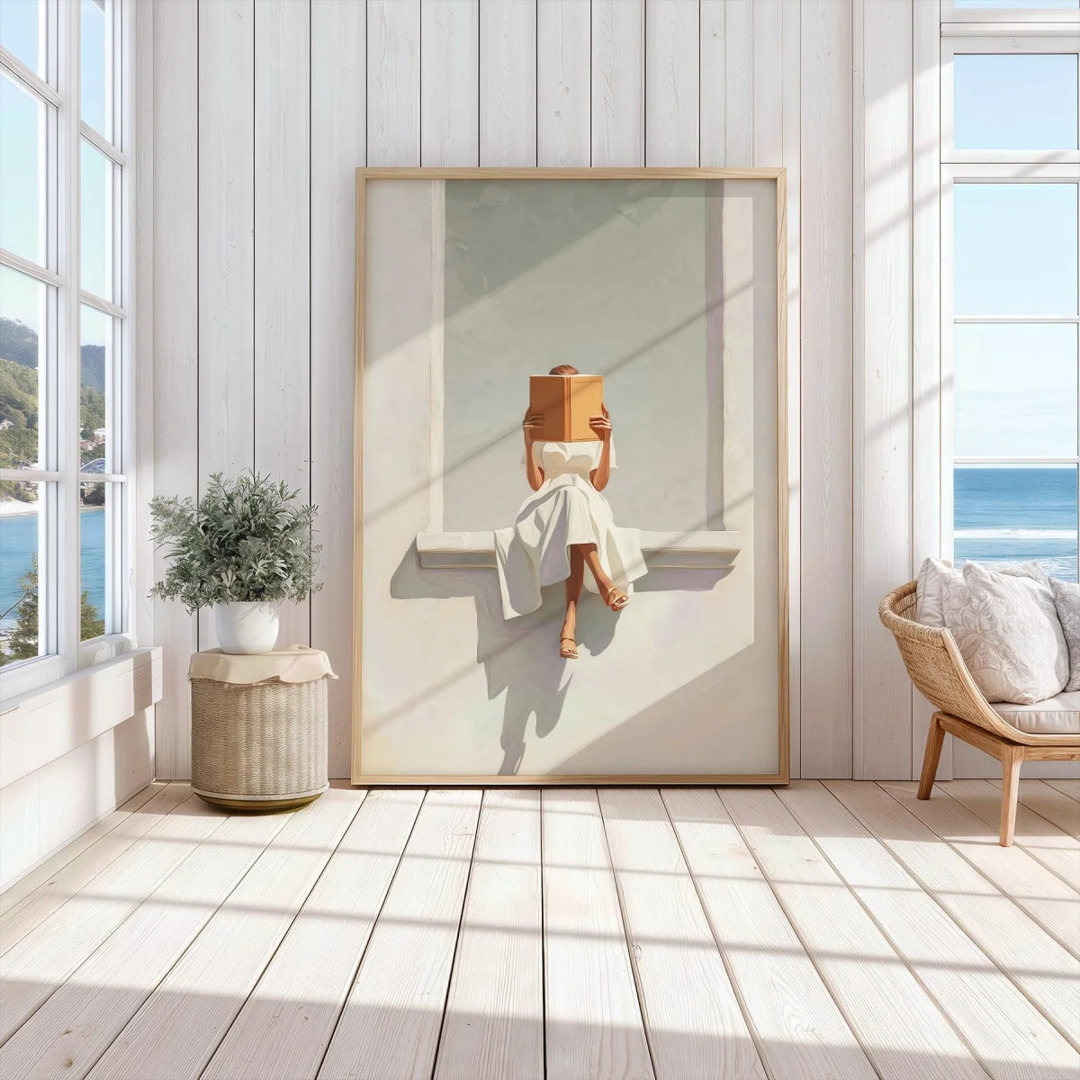 affiche toile femme lisant livre moderne abstraction tons neutres deco salon chambre