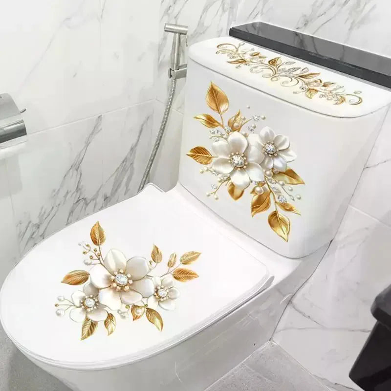 stickers decoratifs toilettes fleurs dorées brillantes luxe floral chambre