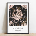 Une affiche décorative avec un motif floral abstrait aux tons roses et noirs, accompagnée du titre "E.A. SÉGUY - Samarkande 1914".
