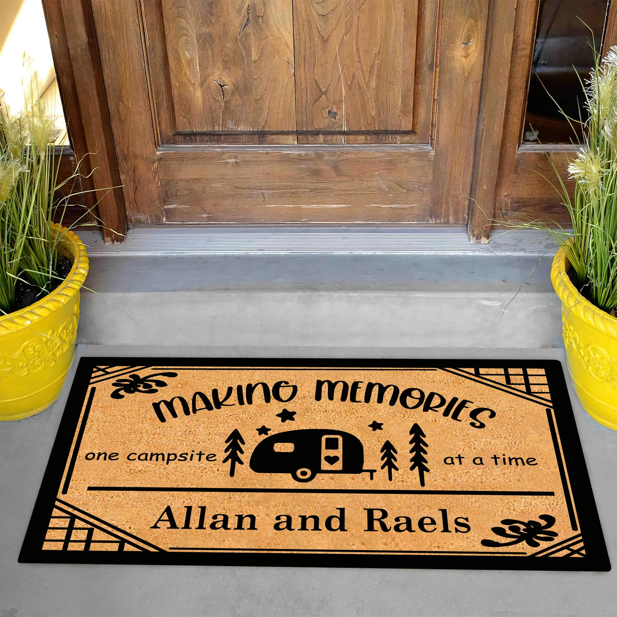 tapis d'entrée imperméable antidérapant marron clair motif camper arbres étoiles personnalisé résistant rides
